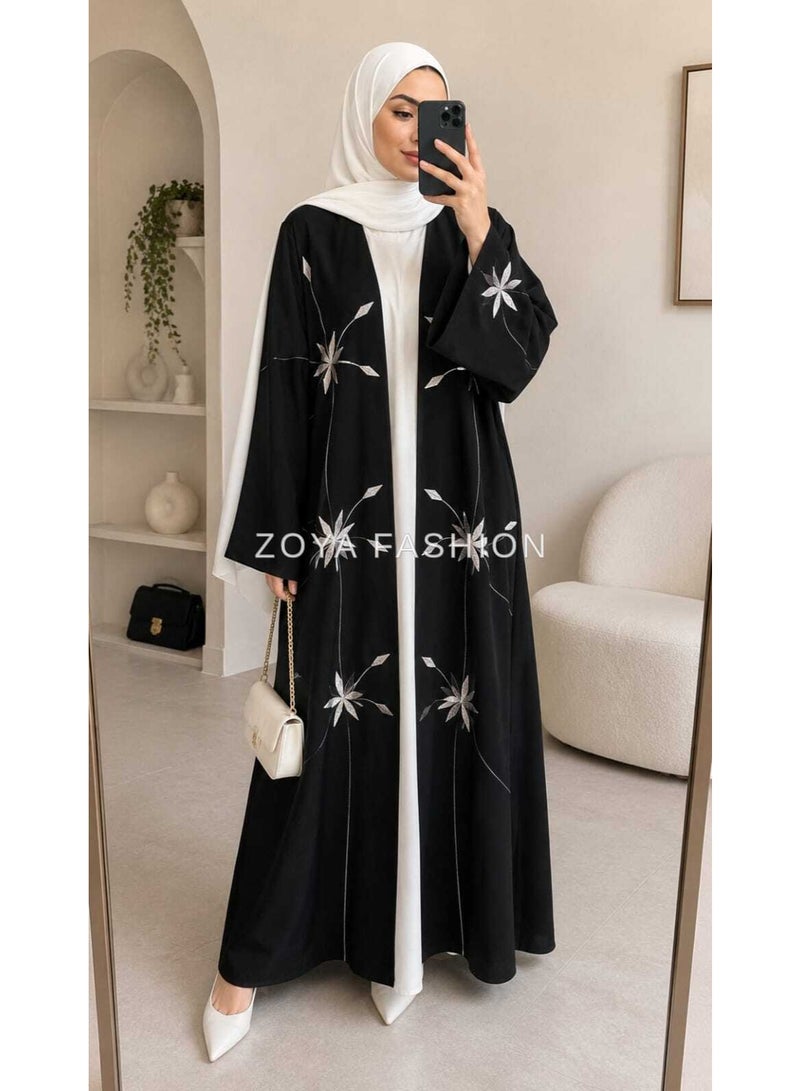 Crystal Work Open Abaya with White Crystal Floral Embroidery, Open Front Fit - Image 2