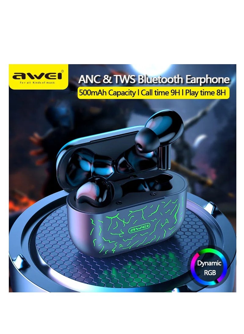 Awei T29 ANC True Wireless Bluetooth Gaming Earbuds - Ergonomic Design, Portable Charging, RGB LED, Waterproof, Black - Image 4