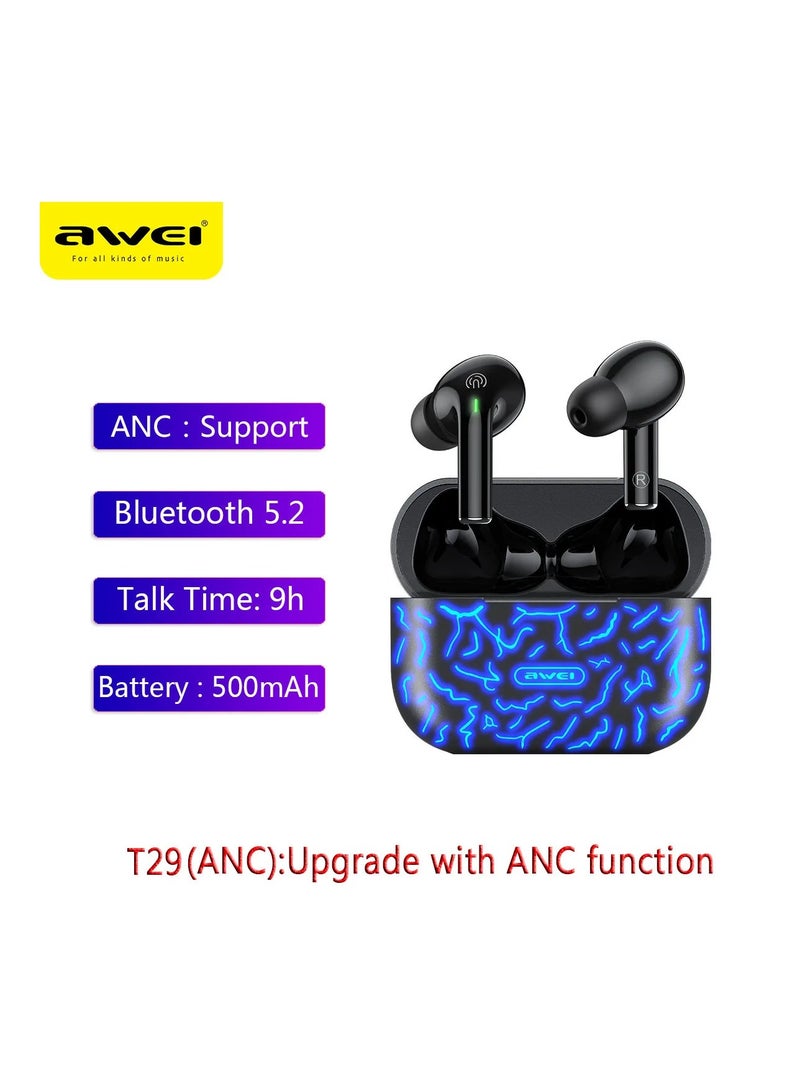 Awei T29 ANC True Wireless Bluetooth Gaming Earbuds - Ergonomic Design, Portable Charging, RGB LED, Waterproof, Black - Image 5