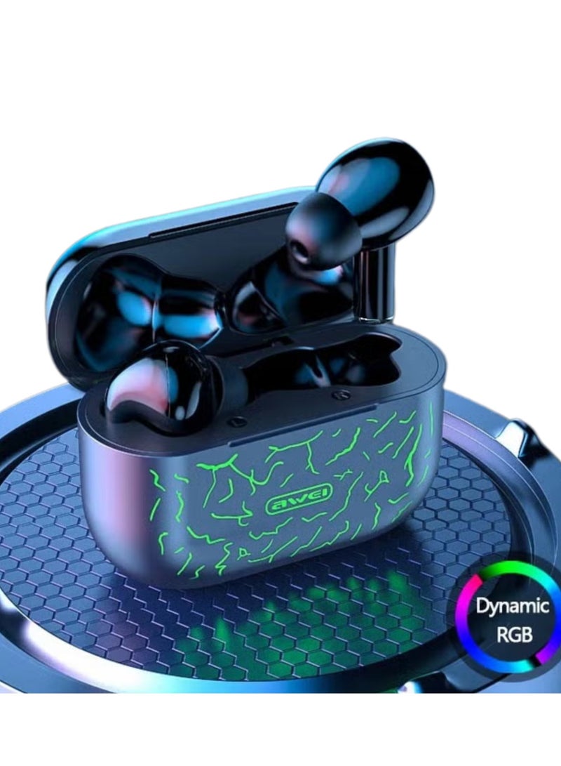 Awei T29 ANC True Wireless Bluetooth Gaming Earbuds - Ergonomic Design, Portable Charging, RGB LED, Waterproof, Black - Image 2