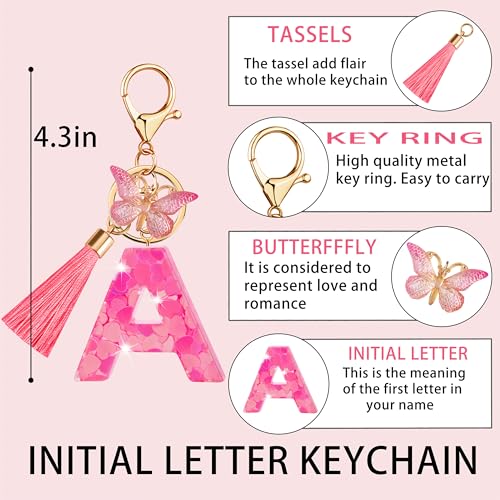 Suweibuke Colourful Cute Initial Letter Keychains for Women Girls with Tassel Butterfly, Charm for Purse Handbags Backpacks (Cute Pink Heart-A) - Image 4