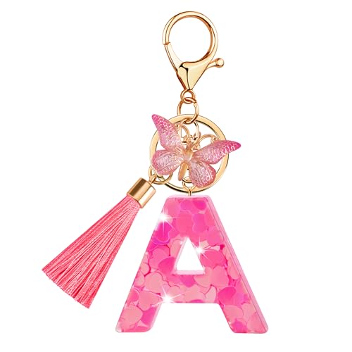 Suweibuke Colourful Cute Initial Letter Keychains for Women Girls with Tassel Butterfly, Charm for Purse Handbags Backpacks (Cute Pink Heart-A) - Image 1