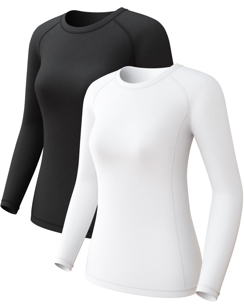 CL convallaria 2 Pack Women's Long Sleeve Compression Shirts, Cool Dry Workout Athletic Tops Sun Protection Cooling Shirts for Yoga Running Hiking Gym Black/White Large - Image 1