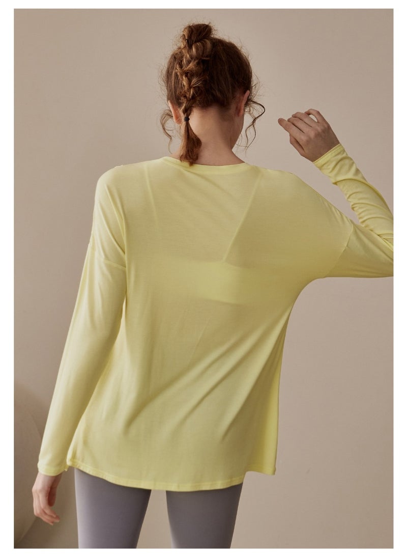 Meilun Light Yellow Long - Sleeve Sport Top with Side Slit and Tie Detail - Image 3
