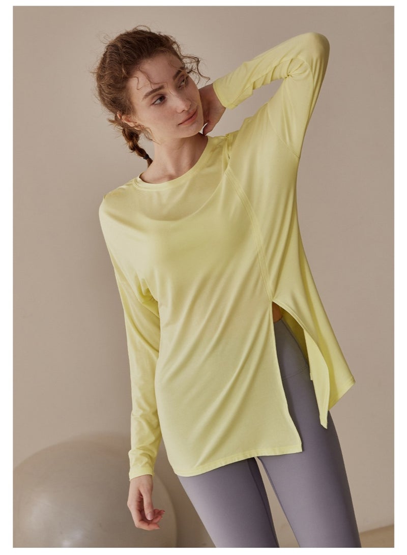 Meilun Light Yellow Long - Sleeve Sport Top with Side Slit and Tie Detail - Image 1