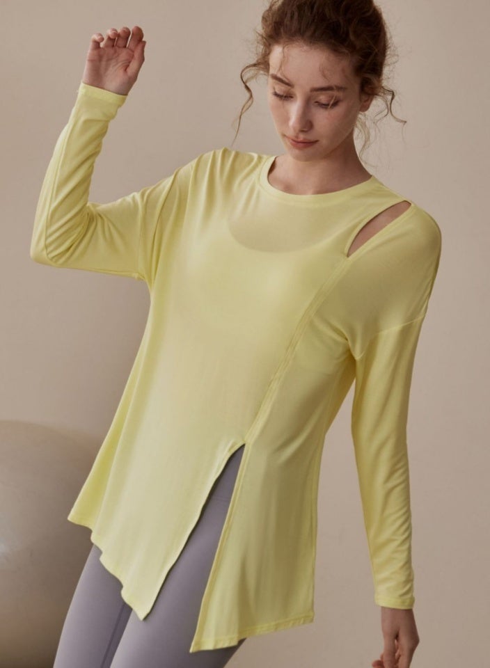 Meilun Light Yellow Long - Sleeve Sport Top with Side Slit and Tie Detail - Image 5
