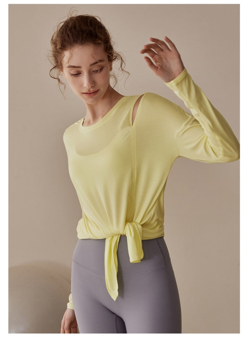 Meilun Light Yellow Long - Sleeve Sport Top with Side Slit and Tie Detail - Image 2