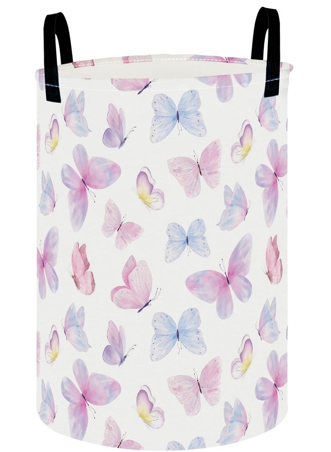 HKEC Collapsible Round Storage Basket, Soft-Sided Organizer with Waterproof Coating, Foldable Bin for Clothes,Laundry Basket, Nursery Hamper, Gift Baskets(Pink Watercolor Butterfly) - Image 1