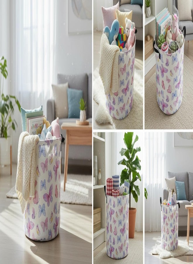 HKEC Collapsible Round Storage Basket, Soft-Sided Organizer with Waterproof Coating, Foldable Bin for Clothes,Laundry Basket, Nursery Hamper, Gift Baskets(Pink Watercolor Butterfly) - Image 5