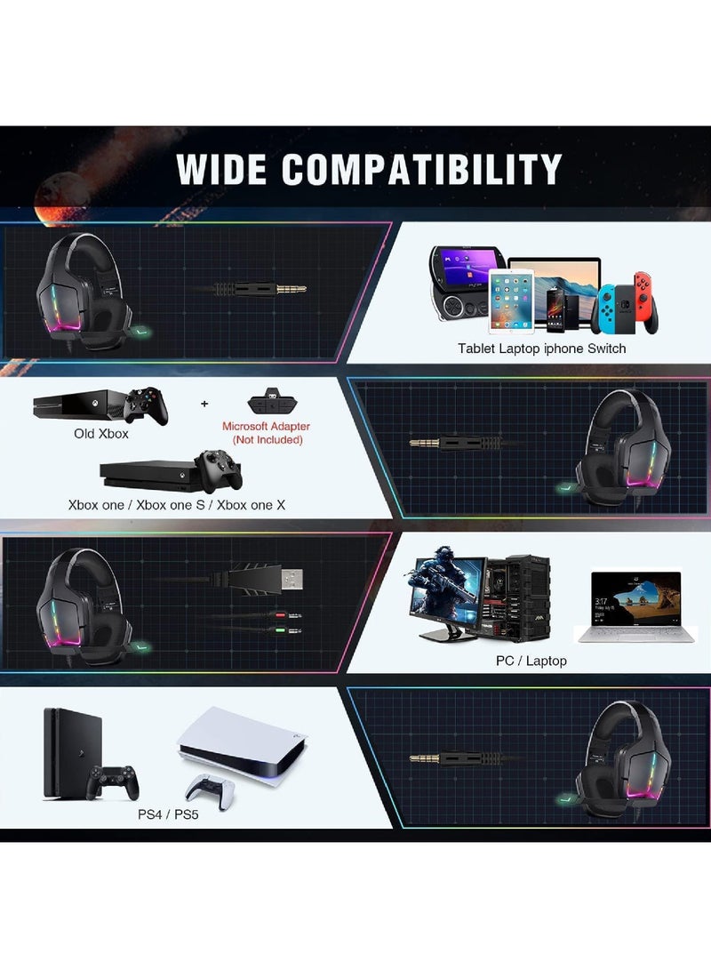 Rock Pow Gaming Headset PS5 Headset PS4 Switch PC xboxone Headset with Microphone Dynamic RGB LED Effect Gamer Headsets for Computer Laptop 3.5mm Wired Stereo Bass Over Ear Mic Gaming Headphones  - Image 5