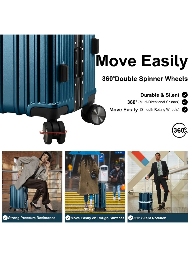 CABINPRO Lightweight Aluminum Frame Fashion Luggage Trolley Polycarbonate Hard Case Medium Checked Luggage Suitcase with 4 Quite 360 Degree Double Spinner Wheels CP001 Dark Blue