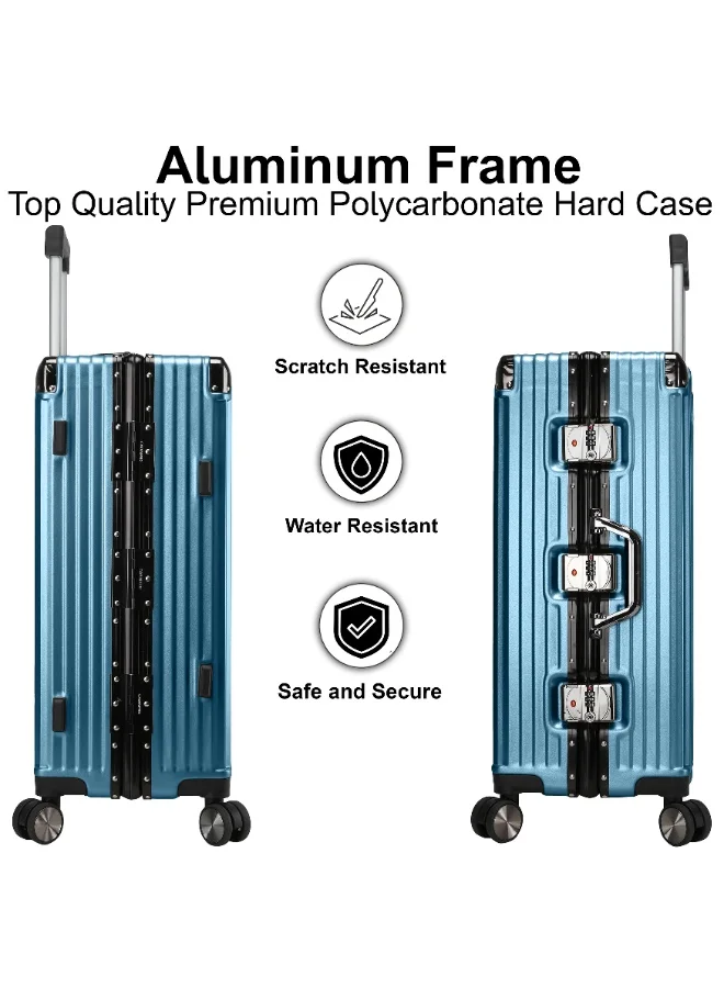 CABINPRO Lightweight Aluminum Frame Fashion Luggage Trolley Polycarbonate Hard Case Medium Checked Luggage Suitcase with 4 Quite 360 Degree Double Spinner Wheels CP001 Dark Blue