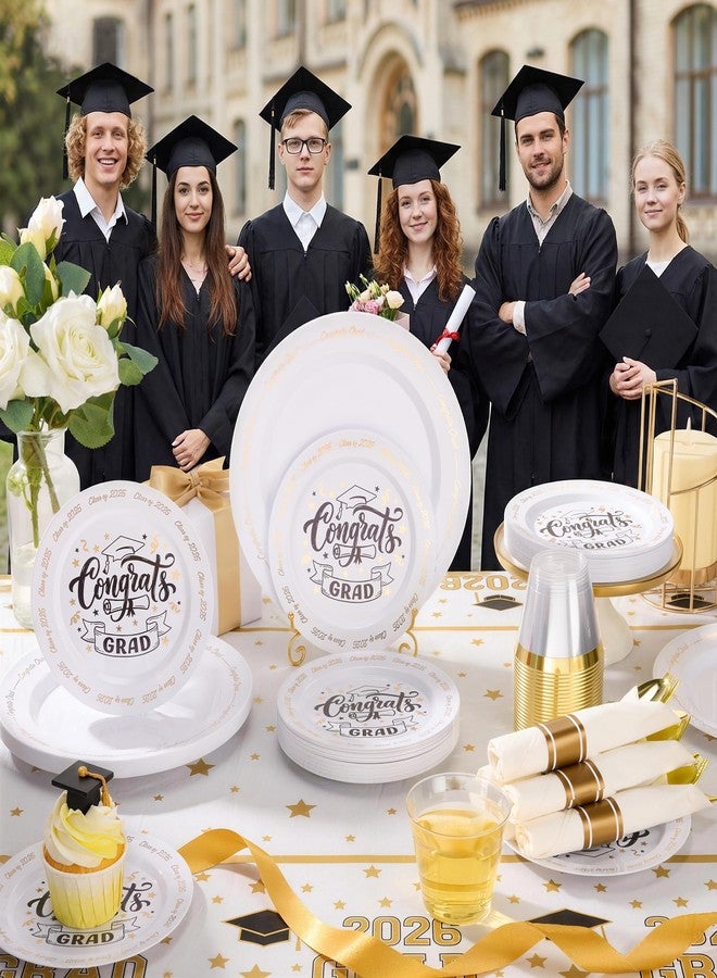 Goodluck 350 Piece Graduation Gold Plastic Dinnerware Set for 50 Guests, Congrats Grad Disposable Plates Include: 50 Dinner Plates, 50 Dessert Plates, 50 Cups, 50 Pre Rolled Napkins with Silverware - Image 2