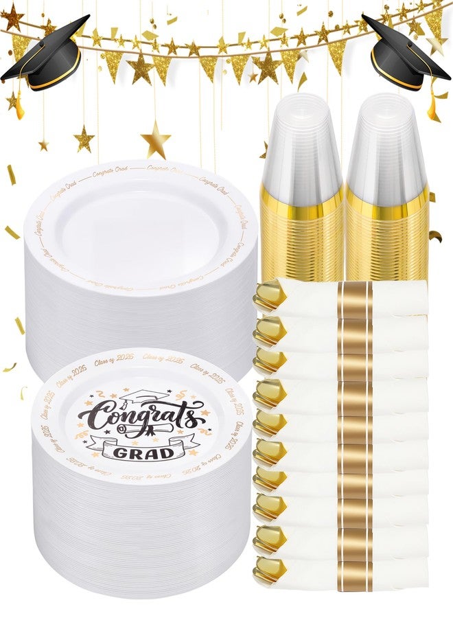 Goodluck 350 Piece Graduation Gold Plastic Dinnerware Set for 50 Guests, Congrats Grad Disposable Plates Include: 50 Dinner Plates, 50 Dessert Plates, 50 Cups, 50 Pre Rolled Napkins with Silverware - Image 1