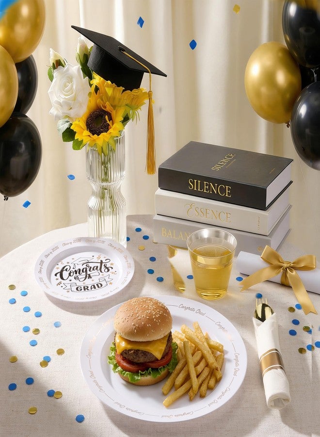 Goodluck 350 Piece Graduation Gold Plastic Dinnerware Set for 50 Guests, Congrats Grad Disposable Plates Include: 50 Dinner Plates, 50 Dessert Plates, 50 Cups, 50 Pre Rolled Napkins with Silverware - Image 5