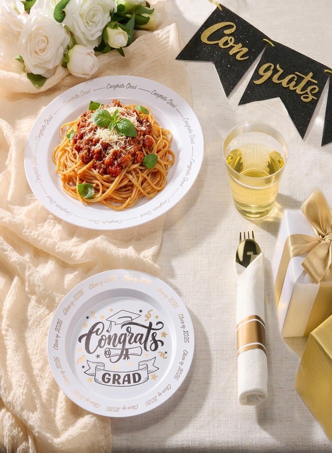 Goodluck 350 Piece Graduation Gold Plastic Dinnerware Set for 50 Guests, Congrats Grad Disposable Plates Include: 50 Dinner Plates, 50 Dessert Plates, 50 Cups, 50 Pre Rolled Napkins with Silverware - Image 4