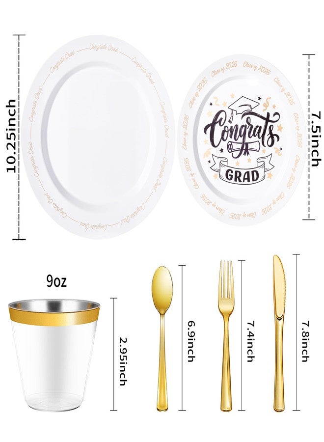 Goodluck 350 Piece Graduation Gold Plastic Dinnerware Set for 50 Guests, Congrats Grad Disposable Plates Include: 50 Dinner Plates, 50 Dessert Plates, 50 Cups, 50 Pre Rolled Napkins with Silverware - Image 3