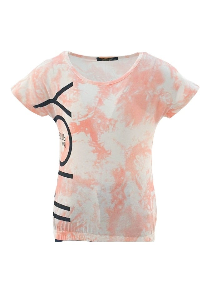 JOANNA JOANNA 23KY376B Girl's Tie Dye Design Round Neck Short Sleeve T-Shirt - Orange - Image 1