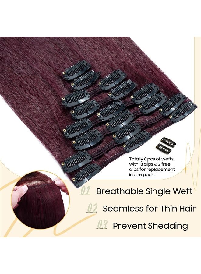 S-noilite Clip in Hair Extensions Real Human Hair 24 Inch Burgundy Hair Extensions Remy Human Hair Clip In For Women Natural Straight Clip on Extension 8PCS 80g #99J Wine Red - Image 4