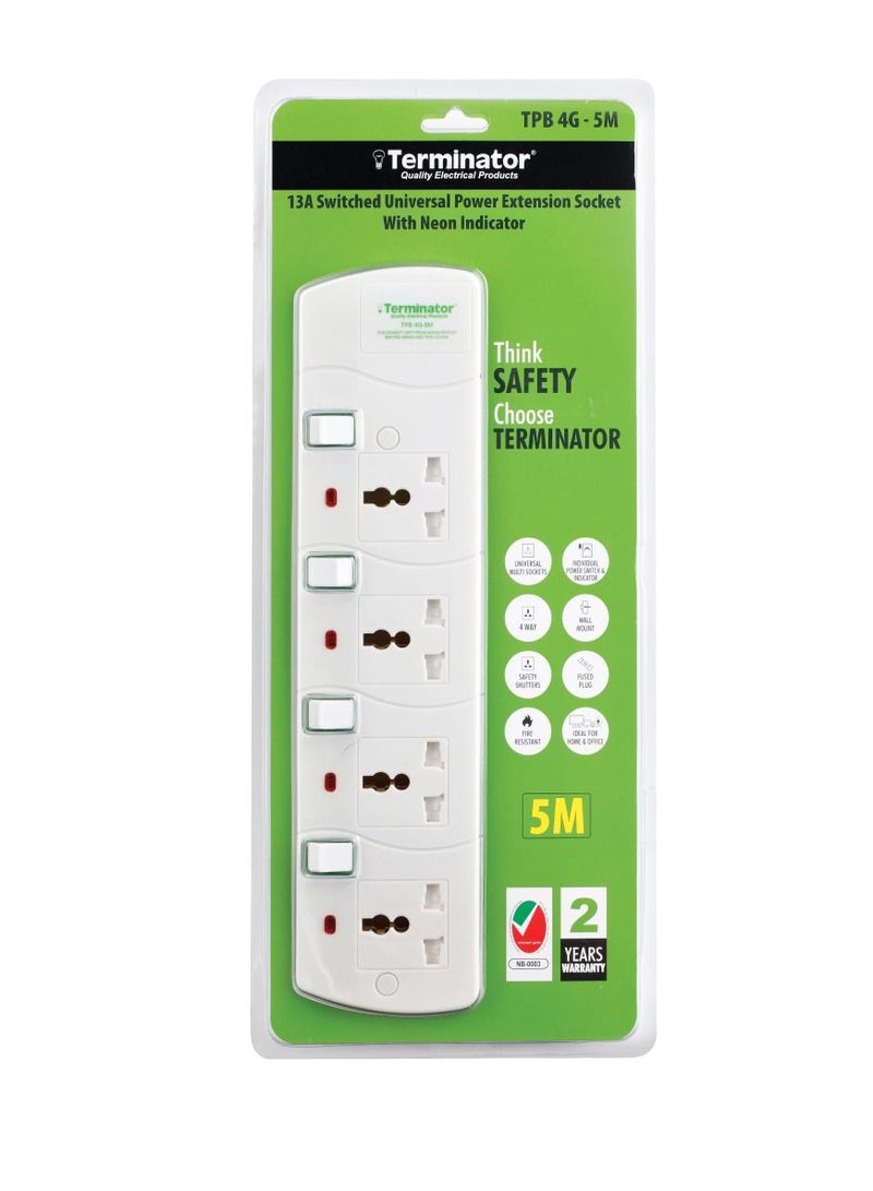 Terminator 4 Way Universal Power Extension Socket With 13A Plug And 5M Cable - Image 1