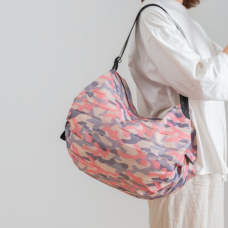 Foldable Nylon Shopping Bag – Waterproof Large Capacity Travel Satchel in Pink Camouflage - Image 5