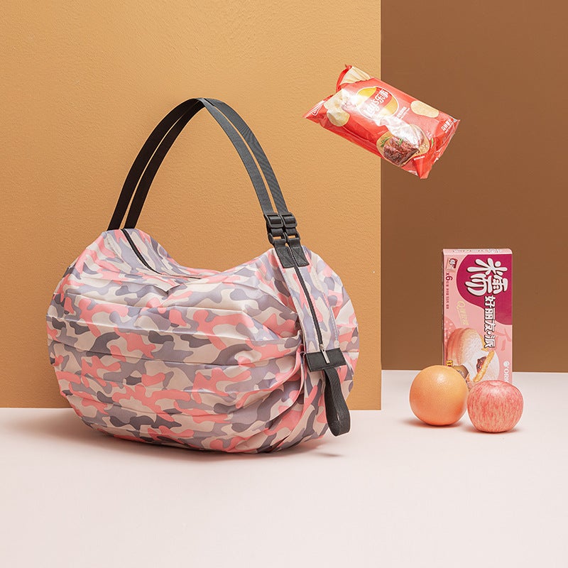 Foldable Nylon Shopping Bag – Waterproof Large Capacity Travel Satchel in Pink Camouflage - Image 2