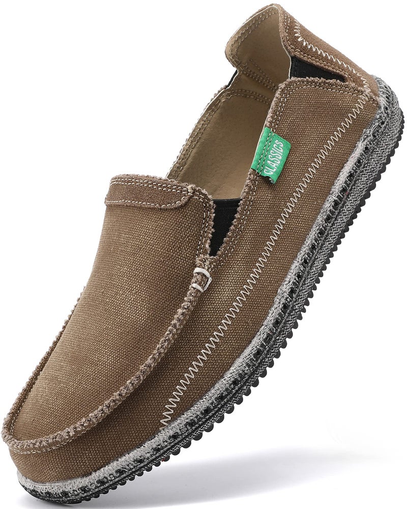 VILOCY Mens Slip on Deck Shoes Zero Drop Casual Canvas Loafer Vintage Flat Boat Shoes Dark Brown US5 EU39 - Image 1