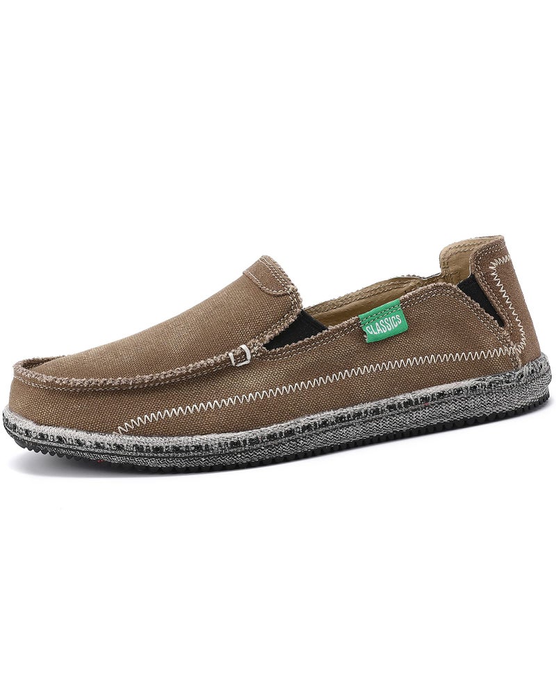 VILOCY Mens Slip on Deck Shoes Zero Drop Casual Canvas Loafer Vintage Flat Boat Shoes Dark Brown US5 EU39 - Image 2