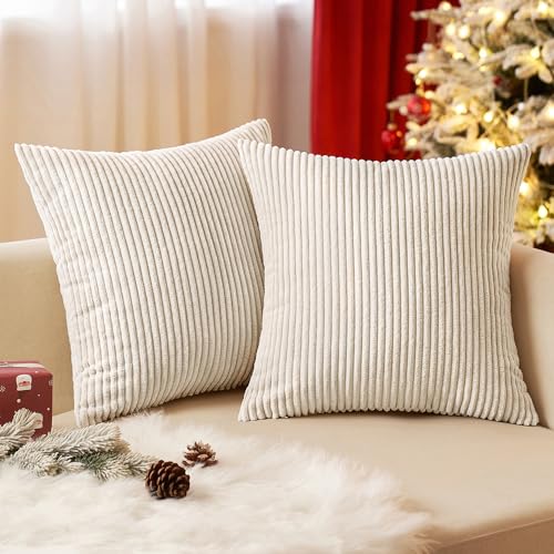 EMEMA Throw Pillow Covers Corduroy Decorative Soft Striped Square Cushion Covers Spring Pillowcases for Couch Sofa Bedroom Chair Car 16x16 Inch Pack of 2, Cream White - Image 1