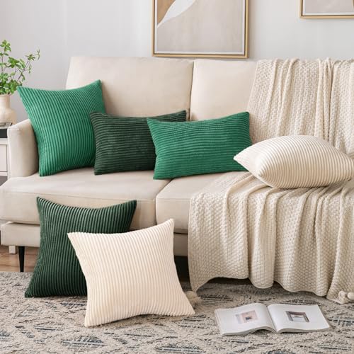 EMEMA Throw Pillow Covers Corduroy Decorative Soft Striped Square Cushion Covers Spring Pillowcases for Couch Sofa Bedroom Chair Car 16x16 Inch Pack of 2, Cream White - Image 5