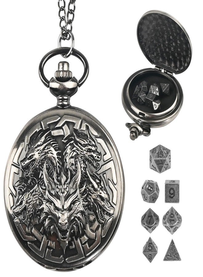 Banloga D&D Dice Set,7PCS Metal Dice for Dungeons and Dragons,Mini Dice Set with Pocket Watch Case,Role Playing Board Games Accessories (Dragon, Ancient Silver) - Image 1