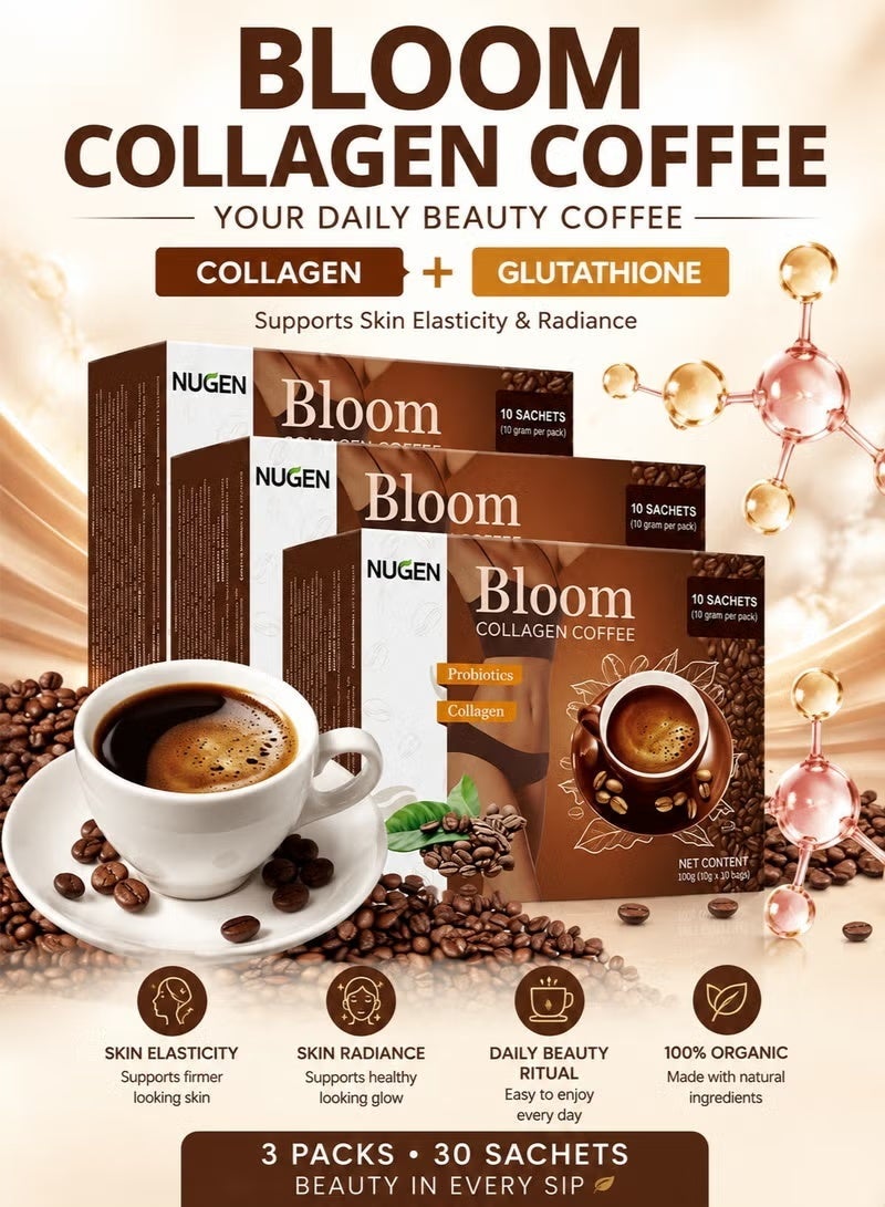 NUGEN 3-PACK Bloom Collagen Coffee 100% Organic and Glutathione, Diet Coffee Slimming Coffee Gluta Collagen Detox Premium with Collagen Coffee (10g*10bags*3) - Image 1