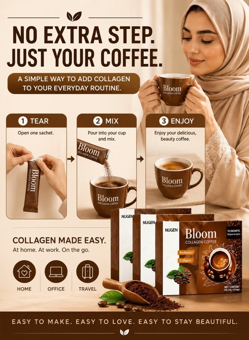 NUGEN 3-PACK Bloom Collagen Coffee 100% Organic and Glutathione, Diet Coffee Slimming Coffee Gluta Collagen Detox Premium with Collagen Coffee (10g*10bags*3) - Image 3
