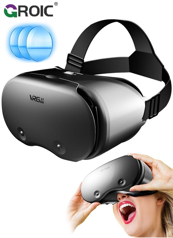 GROIC - Black VR Glasses, 3D Virtual Reality Headset Compatible with iPhone & Android Phone, Universal Virtual Reality Goggles for Kids & Adults, 2K Anti-Blue Lenses, Adjustable Pupil & Object Distance - Image 1