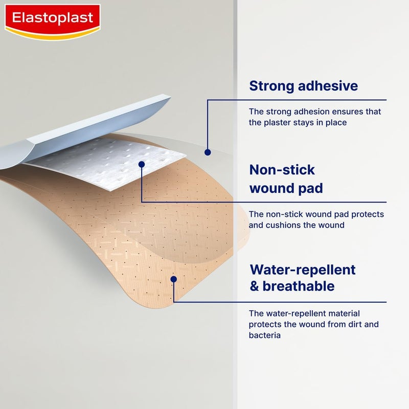Elastoplast Water Resistant Plastic Plasters 20 Pieces Dirt and WaterResistant Waterproof Ideal for First Aid Strong Adhesion with NonStick Wound Pad Breathable Material Tan - Image 2