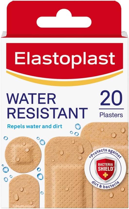 Elastoplast Water Resistant Plastic Plasters 20 Pieces Dirt and WaterResistant Waterproof Ideal for First Aid Strong Adhesion with NonStick Wound Pad Breathable Material Tan - Image 1