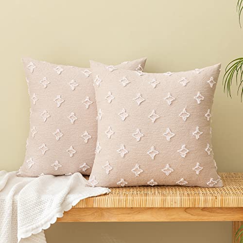 EMEMA Decorative Throw Pillow Covers Rhombic Jacquard Pillowcase Cushion Case Square for Couch Sofa Bed Living Room Bedroom Set of 2 18x18 Inch Beige