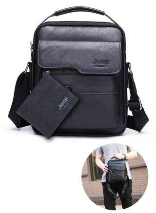 Shoulder Bag with Short Wallet for Men, Casual Messenger Bag, Waterproof Leather Crossbody Sling Bag, Adjustable Strap Crossbody Bag for Men's Travel Office (Black)