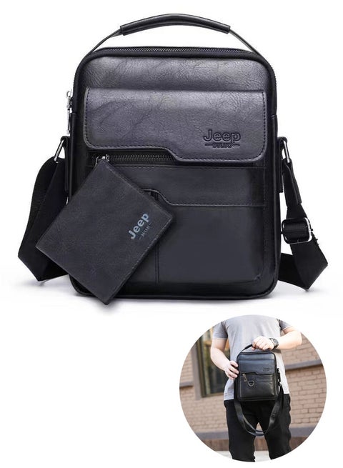 Shoulder Bag with Short Wallet for Men, Casual Messenger Bag, Waterproof Leather Crossbody Sling Bag, Adjustable Strap Crossbody Bag for Men's Travel Office (Black)