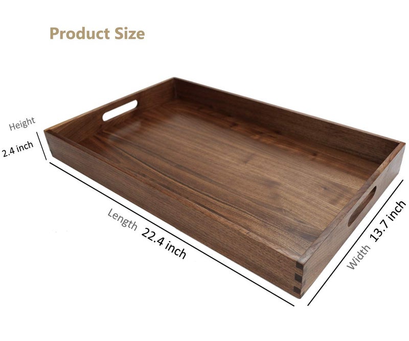 MAGIGO 22 x 14 Inches Large Rectangle Black Walnut Wood Ottoman Tray with Handles, Serve Tea, Coffee, Classic Wooden Decorative Serving Tray - Image 2