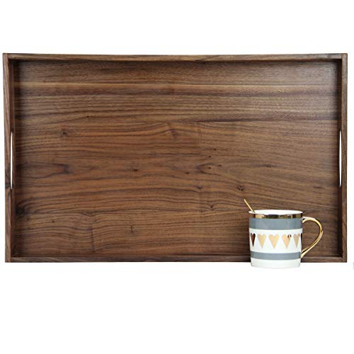MAGIGO 22 x 14 Inches Large Rectangle Black Walnut Wood Ottoman Tray with Handles, Serve Tea, Coffee, Classic Wooden Decorative Serving Tray - Image 1