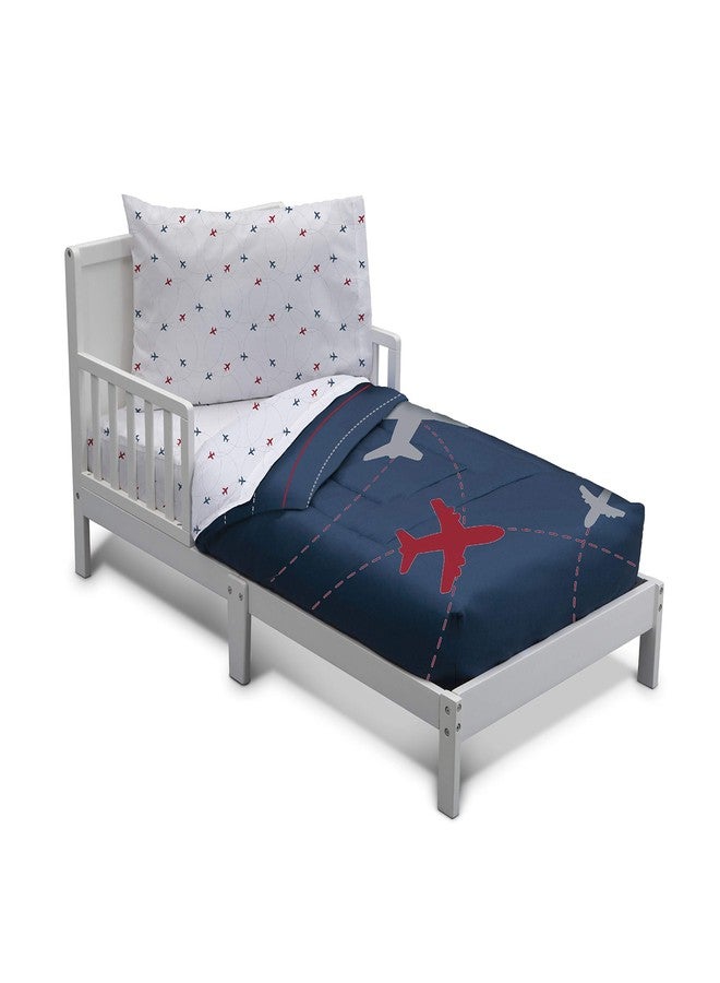 Delta Children 4 Piece Toddler Bedding Set for Boys - Reversible 2-in-1 Comforter - Includes Fitted Comforter to Keep Little Ones Snug, Bottom Sheet, Top Sheet, Pillow Case - Airplane Flight Plan - Image 1