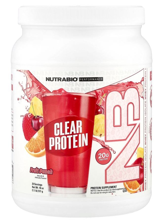 NutraBio Clear Protein Powder Whey Protein Isolate Fruit Punch 1.1 lb (511 g) 