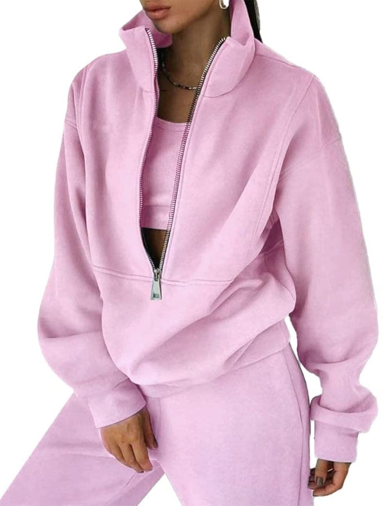 Eisctnd Womens Fleece 2 Piece Sweatsuit Lounge Set Long Sleeve Sweatshirt Jogger Pants Tracksuit Sweatsuit 2024 Fall Sets(Pink-XL) - Image 1