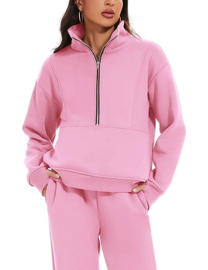 Eisctnd Womens Fleece 2 Piece Sweatsuit Lounge Set Long Sleeve Sweatshirt Jogger Pants Tracksuit Sweatsuit 2024 Fall Sets(Pink-XL) - Image 2