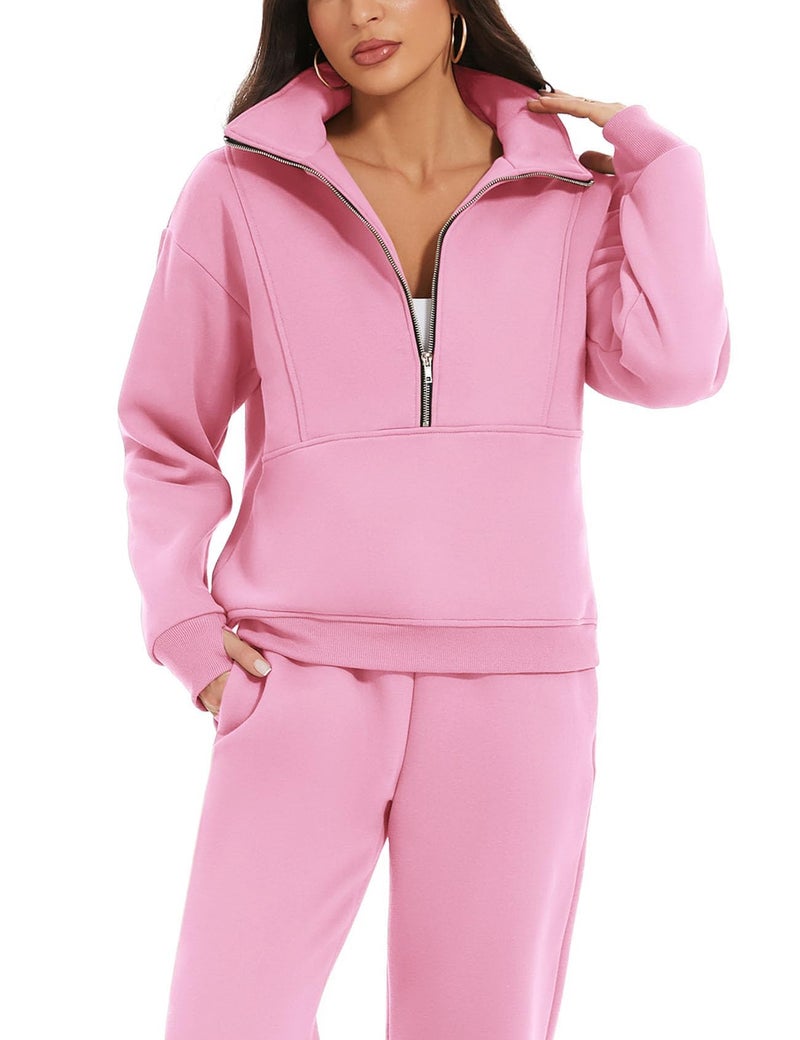 Eisctnd Womens Fleece 2 Piece Sweatsuit Lounge Set Long Sleeve Sweatshirt Jogger Pants Tracksuit Sweatsuit 2024 Fall Sets(Pink-XL) - Image 3