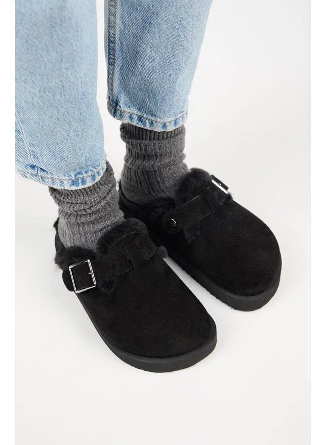 Manijero  (Zeta 2 Fur Platform) Women's Genuine Leather Belted Buckle Sabot Black Slippers. for Women | Best Price UAE