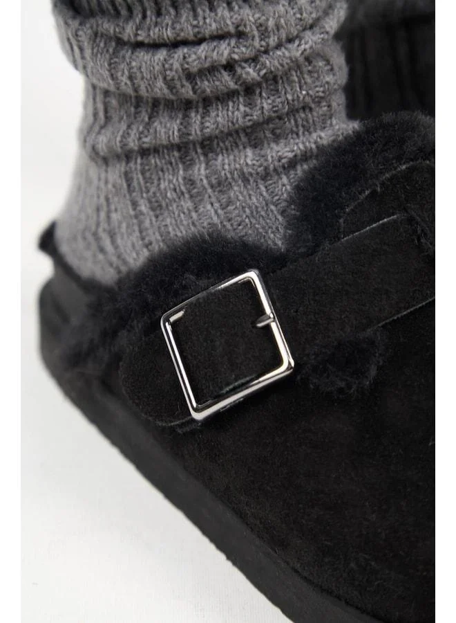 Manijero  (Zeta 2 Fur Platform) Women's Genuine Leather Belted Buckle Sabot Black Slippers. for Women | Best Price UAE