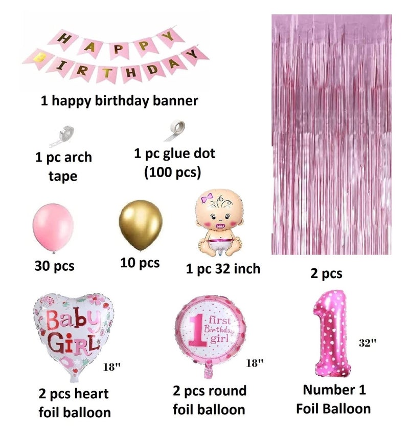 FI - FLICK IN 51 pcs Happy 1st Birthday Decoration for Girls Fringe Curtain Metallic Balloon Garland Kit Number 1 Foil First Birthday Decorations Girl Foil Balloons 1 Year Bday (Pack of 51, Pink) - Image 2
