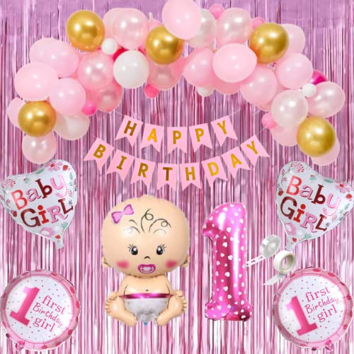 FI - FLICK IN 51 pcs Happy 1st Birthday Decoration for Girls Fringe Curtain Metallic Balloon Garland Kit Number 1 Foil First Birthday Decorations Girl Foil Balloons 1 Year Bday (Pack of 51, Pink) - Image 1